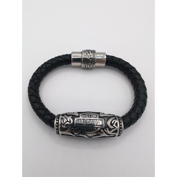 Harley-Davidson Silver Tone Stainless Steel Black Leather Wrist Band Bracelet - Picture 1 of 3